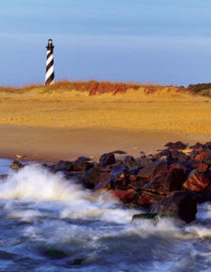 Point of view Cape Hatteras Lighthouse Beach in North Carolina is known for fine sand, turbulent seas, and shells galore. Shutterstock