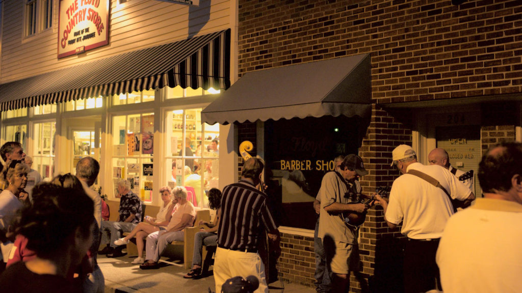 Jammers and visitors crowded outside the Friday Night Jamboree, Floyd. 